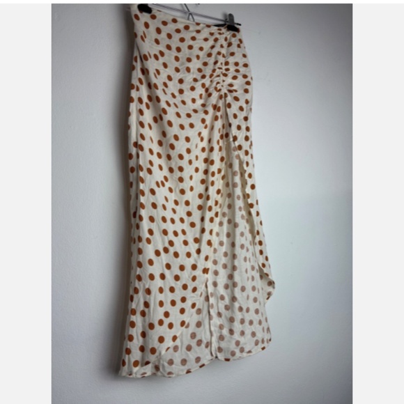 Zara Polka Dot Ruched Midi Skirt Womens XS White Brown Linen Cotton - Picture 4 of 6